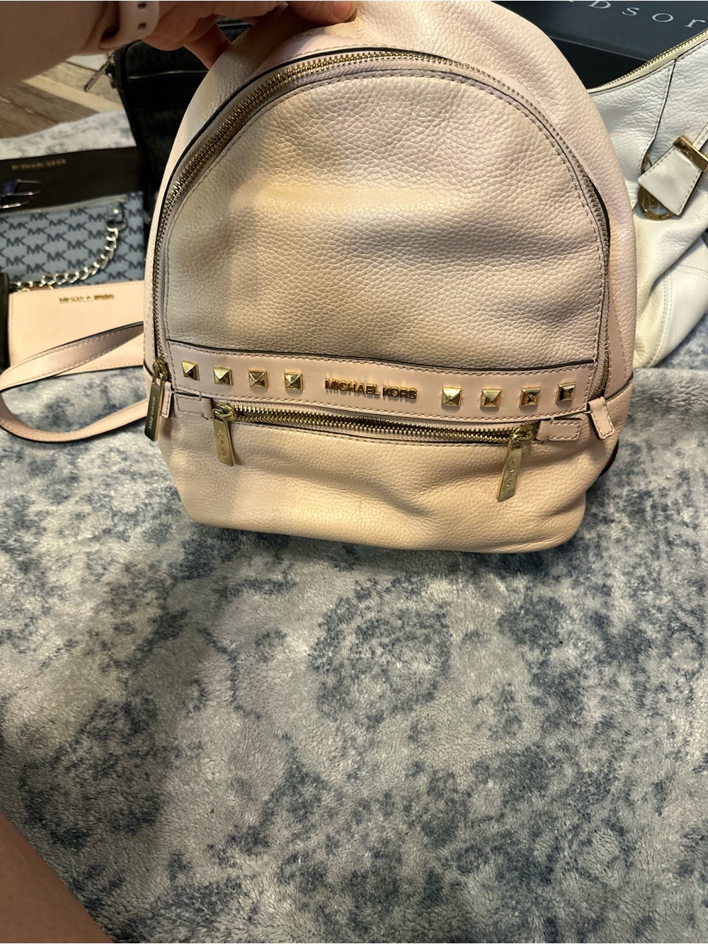 Michael Kors Blush Pebbled Leather Mini Backpack with Gold Studs